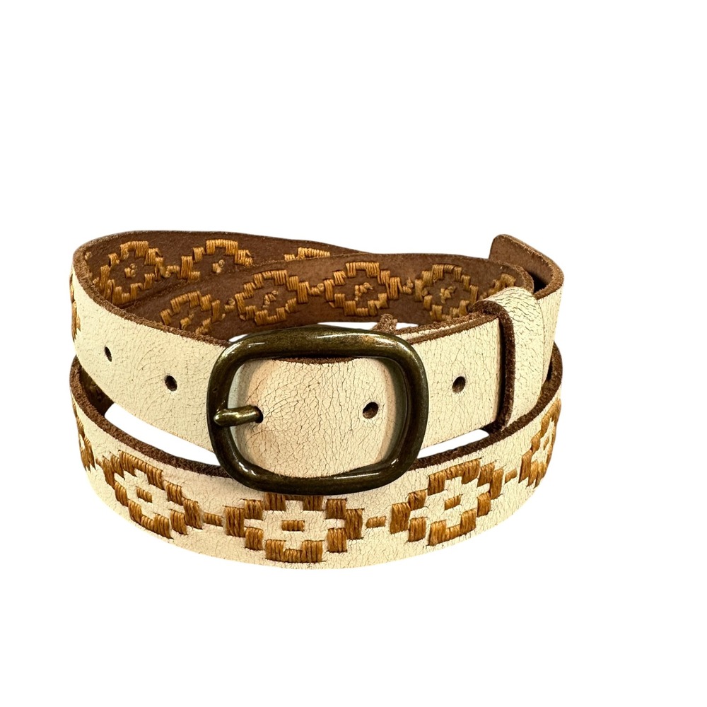 Western Ivory Cracked Leather Embroidered Belt Antique Brass Buckle Medium